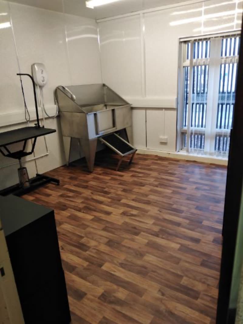 The grooming room at All Paws Bubble Baths, with a stainless steel dog bath with ramp and a grooming table beside the window