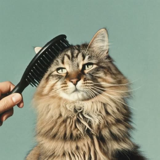 A long-haired cat being gently brushed